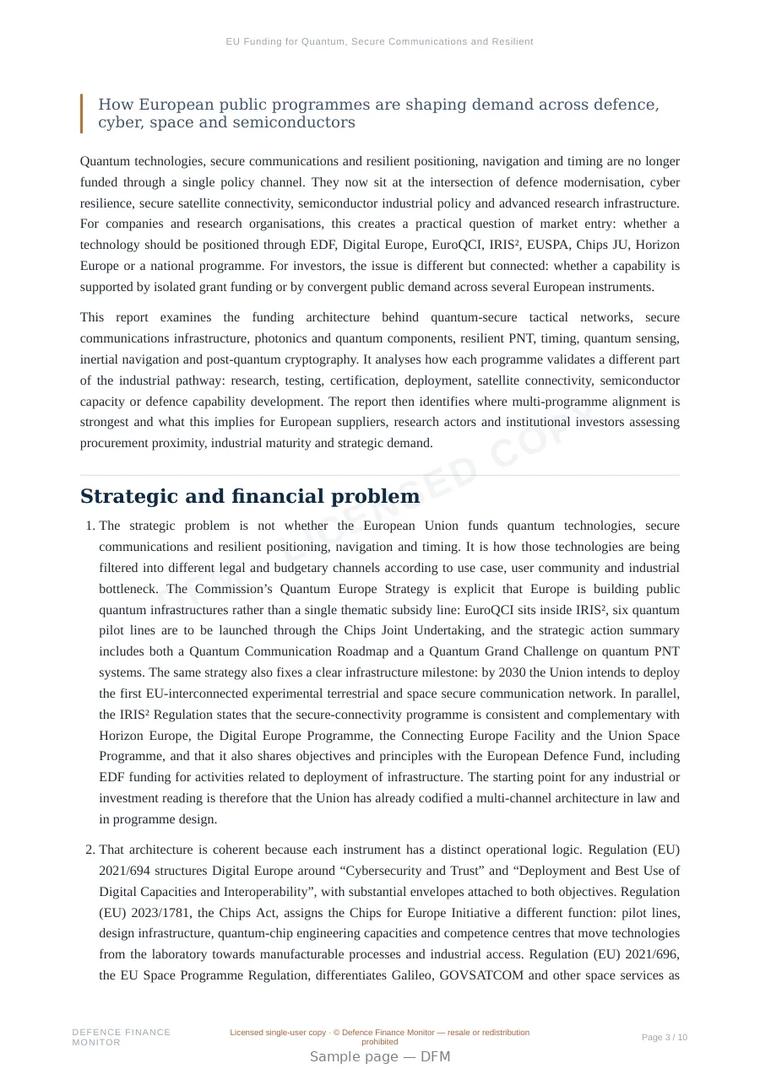 Sample page from “EU Funding for Quantum, Secure Communications and Resilient PNT” — 11-page report