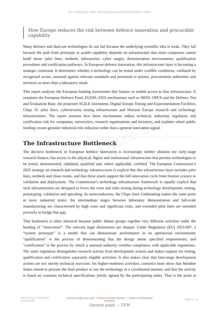 Sample page from “EU Funding for Test, Demonstration and Certification Infrastructure” — 12-page report