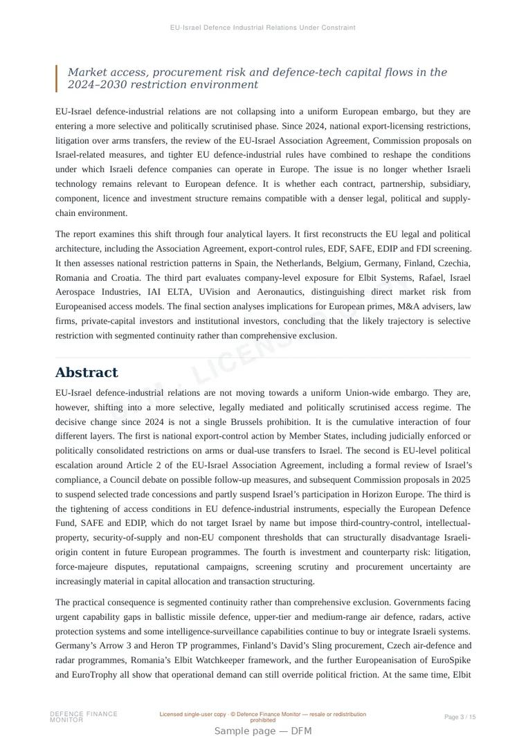 Sample page from “EU-Israel Defence Industrial Relations Under Constraint” — 16-page report