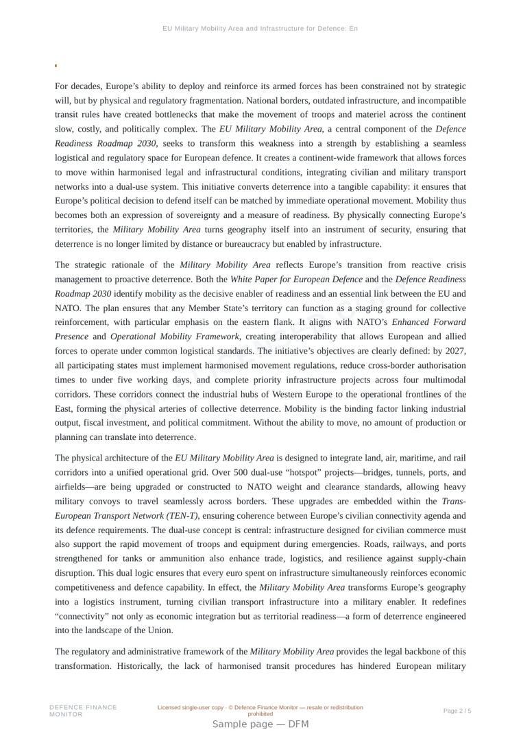 Sample page from “EU Military Mobility Area and Infrastructure for Defence: Engineering the Geography of Readiness” — 6-page report