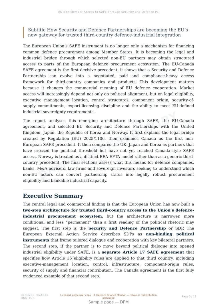 Sample page from “EU Non-Member Access to SAFE Through Security and Defence Partnerships” — 20-page report