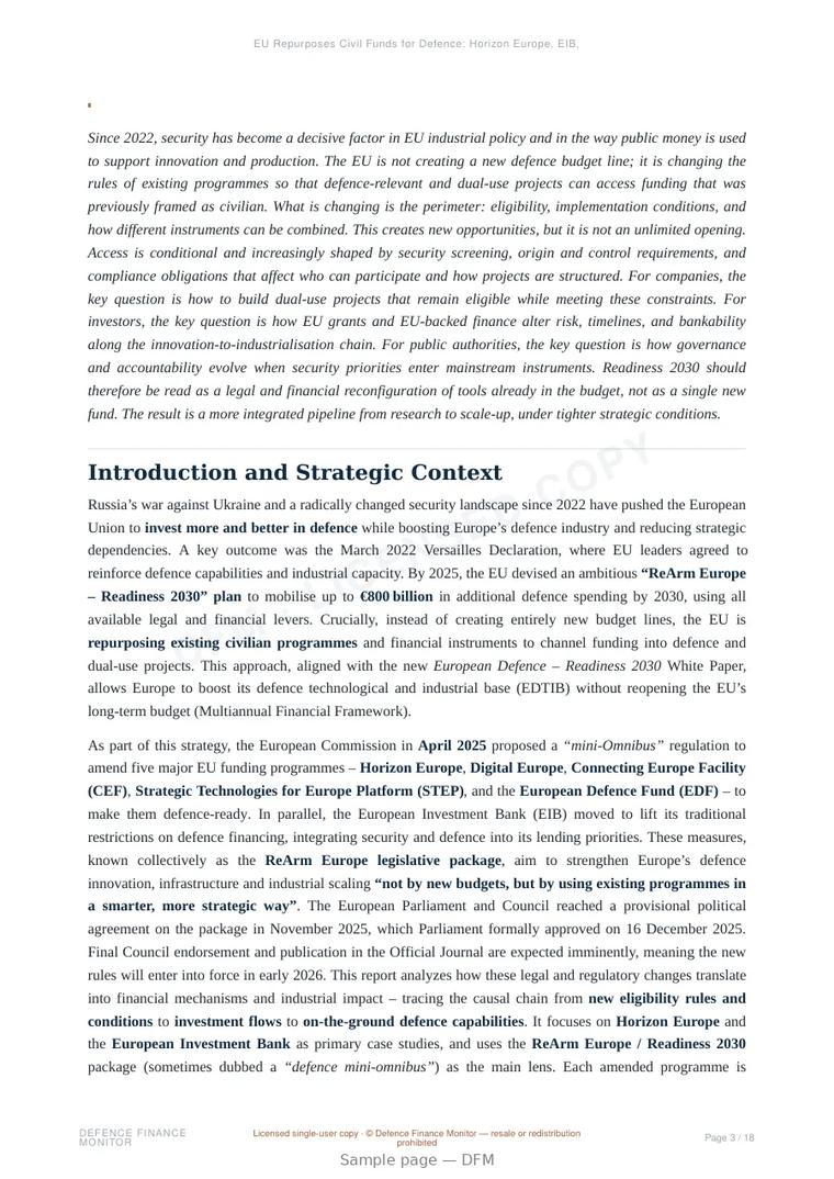 Sample page from “EU Repurposes Civil Funds for Defence: Horizon Europe, EIB, and the ReArm Europe Plan” — 19-page report