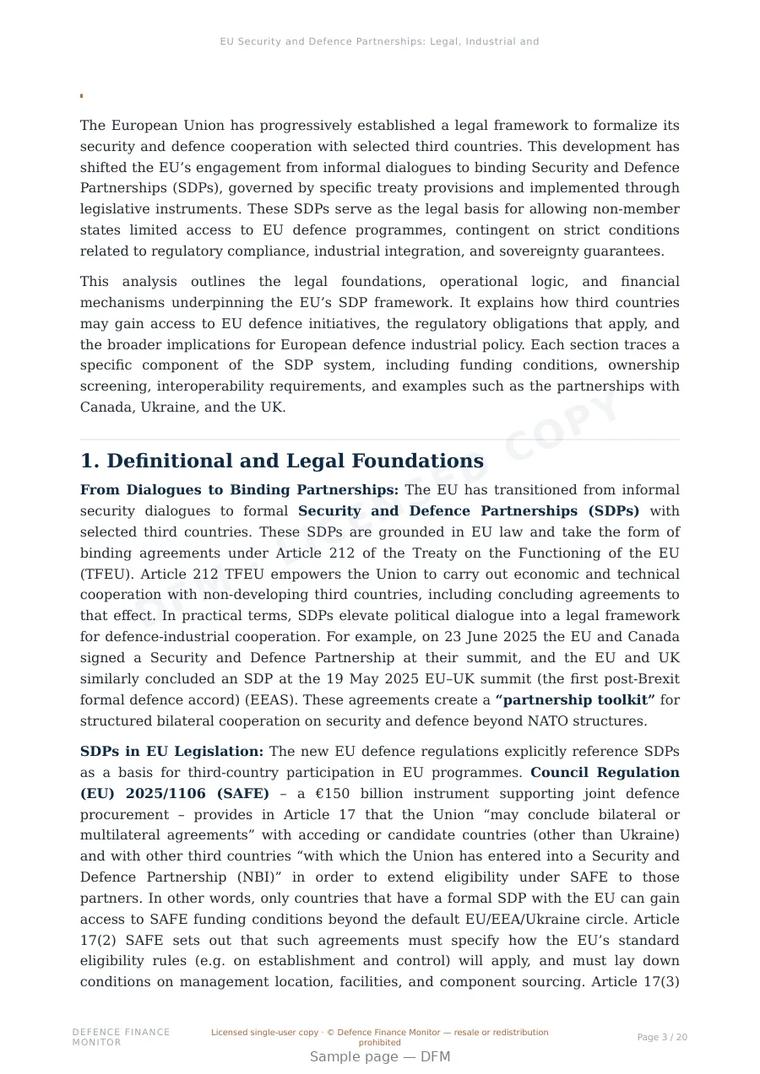Sample page from “EU Security and Defence Partnerships: Legal, Industrial and Financial Architecture” — 21-page report