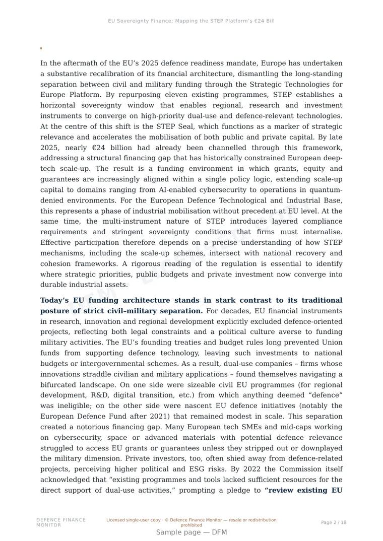 Sample page from “EU Sovereignty Finance: Mapping the STEP Platform’s €24 Billion Dual-Use Funding Infrastructure” — 19-page report