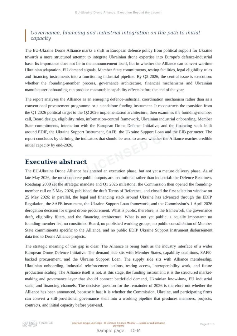 Sample page from “EU-Ukraine Drone Alliance: Execution Beyond the Launch” — 19-page report