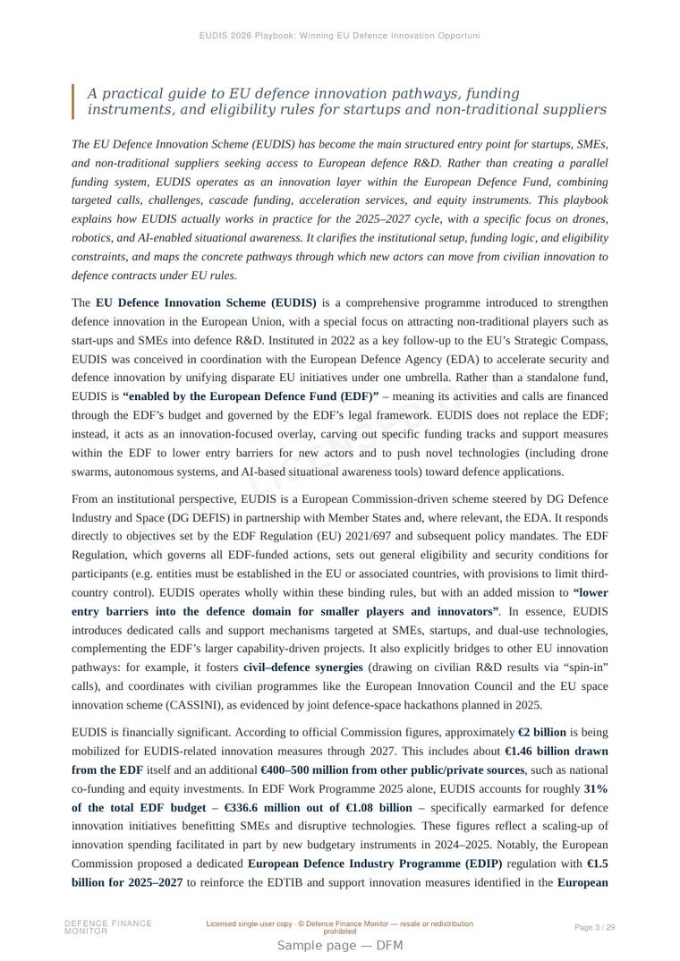 Sample page from “EUDIS 2026 Playbook: Winning EU Defence Innovation Opportunities in Drones and Robotics” — 30-page report