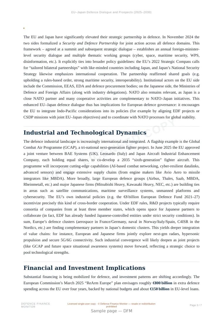 Sample page from “EU–Japan Defence Dialogue and Prospects (2025–2030)” — 8-page report