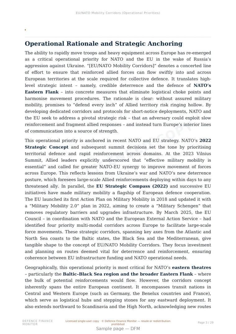 Sample page from “EU/NATO Mobility Corridors (Operational Priorities)” — 30-page report