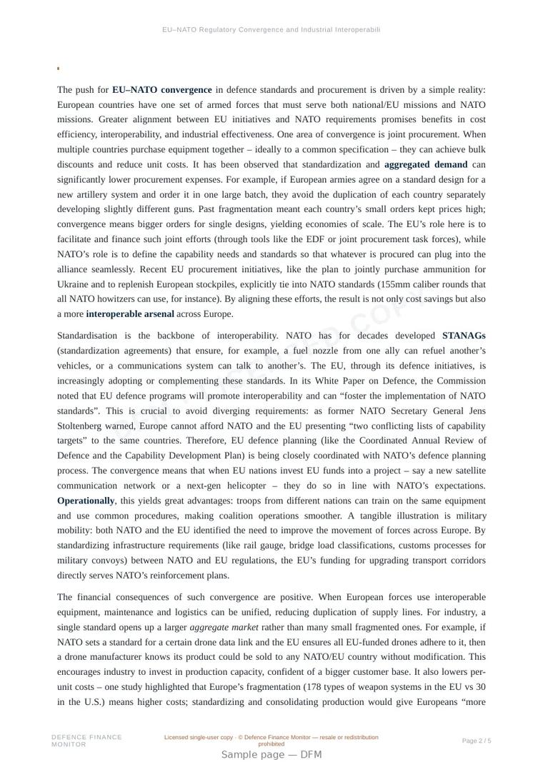 Sample page from “EU–NATO Regulatory Convergence and Industrial Interoperability” — 6-page report