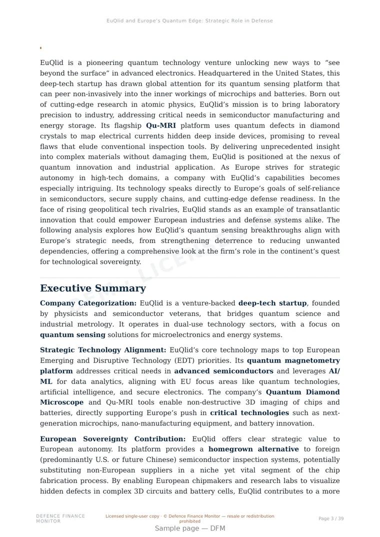 Sample page from “EuQlid and Europe’s Quantum Edge: Strategic Role in Defense Tech Sovereignty” — 40-page report