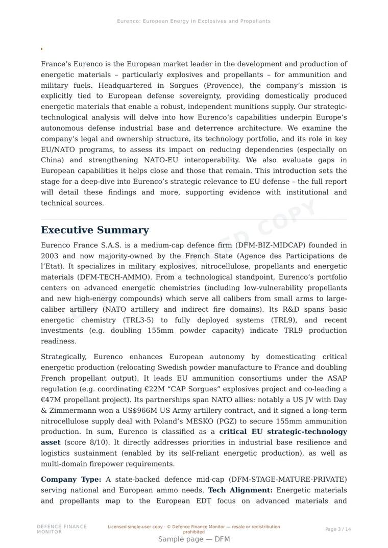 Sample page from “Eurenco: European Energy in Explosives and Propellants” — 15-page report