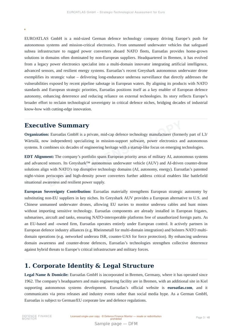 Sample page from “EUROATLAS GmbH – Strategic-Technological Assessment for European Defence and Dual-Use Autonomy” — 49-page report