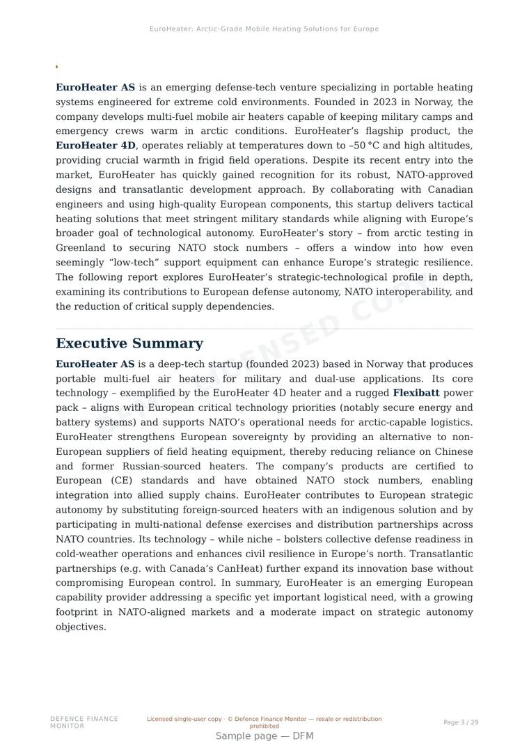 Sample page from “EuroHeater: Arctic-Grade Mobile Heating Solutions for European Defense and Civil Protection” — 30-page report