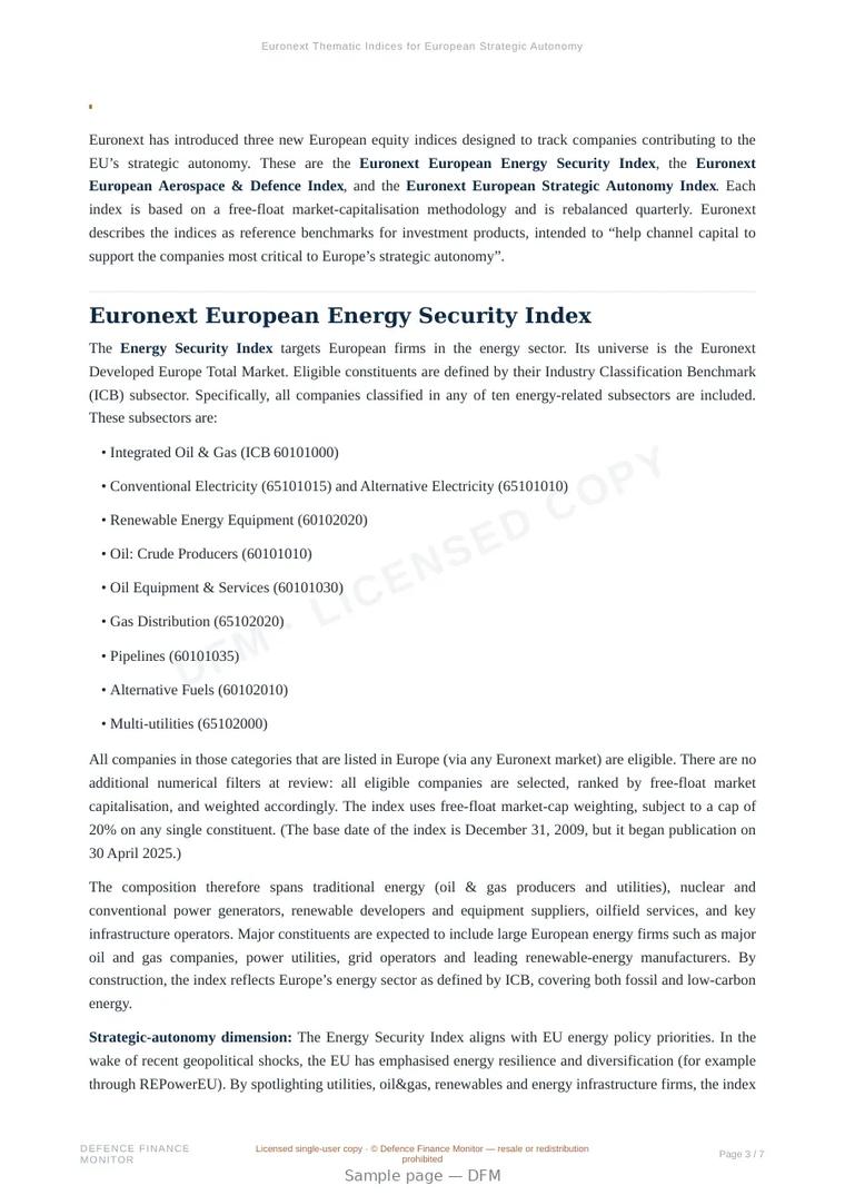 Sample page from “Euronext Thematic Indices for European Strategic Autonomy” — 8-page report