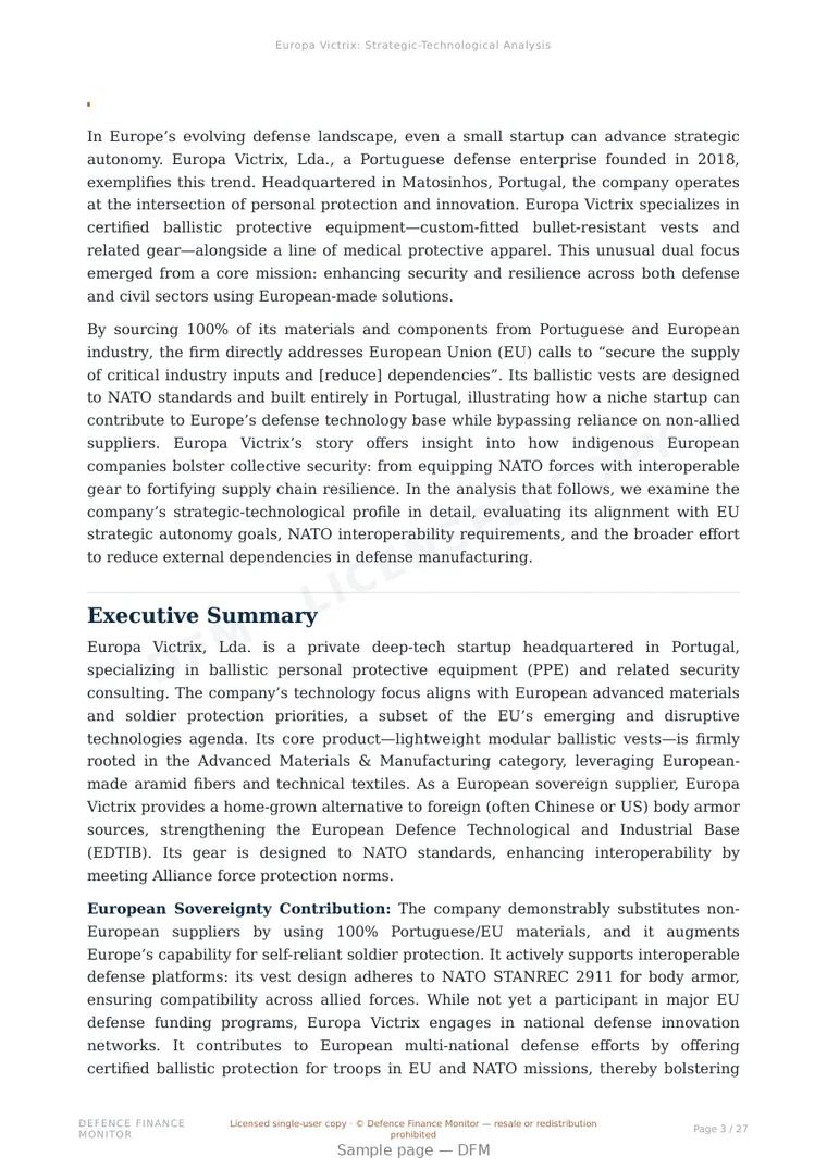 Sample page from “Europa Victrix, Lda. — Portugal advanced armor company” — 28-page report