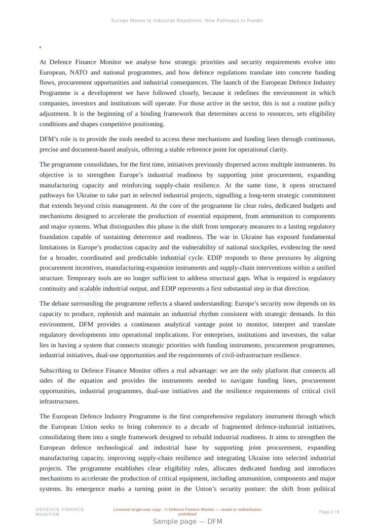 Sample page from “Europe Moves to Industrial Readiness: New Pathways to Funding Under the Defence Industry Programme” — 7-page report