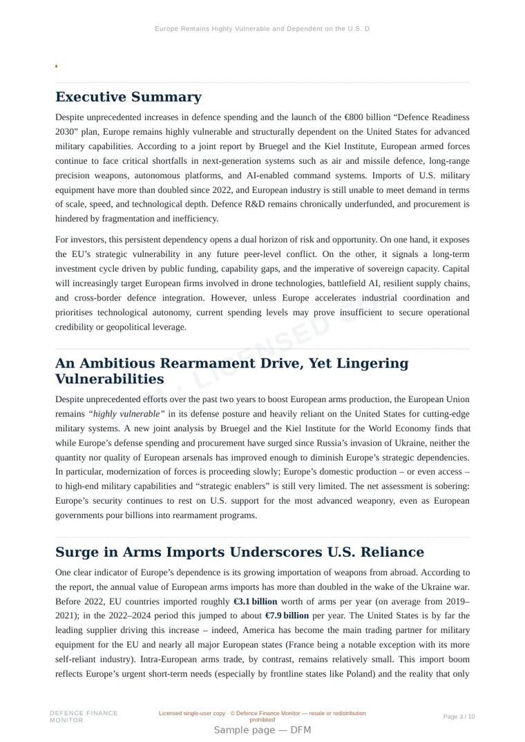 Sample page from “Europe Remains Highly Vulnerable and Dependent on the U.S. Defence Industry” — 11-page report