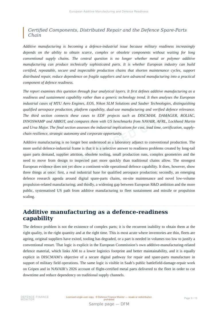 Sample page from “European Additive Manufacturing and Defence Readiness” — 14-page report
