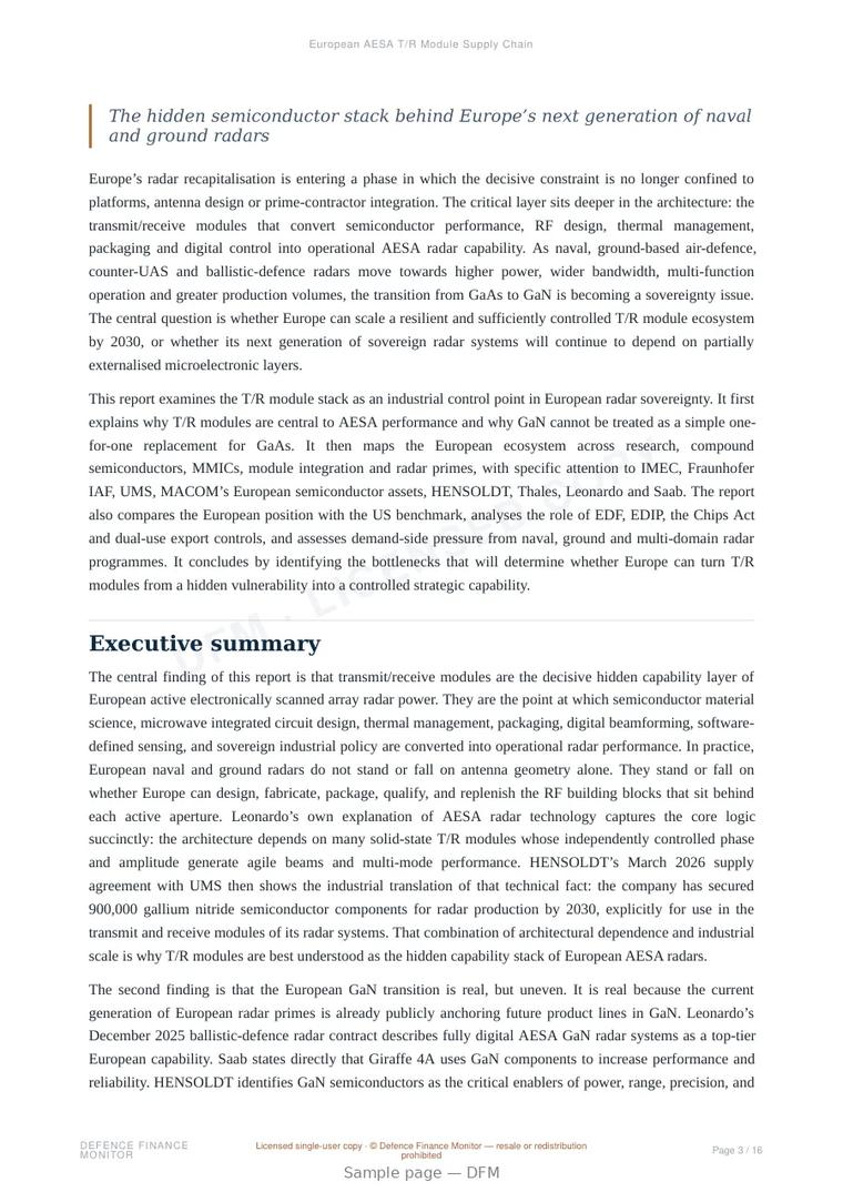 Sample page from “European AESA T/R Module Supply Chain” — 17-page report