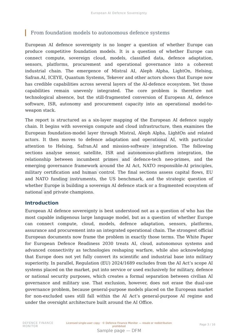 Sample page from “European AI Defence Sovereignty” — 17-page report