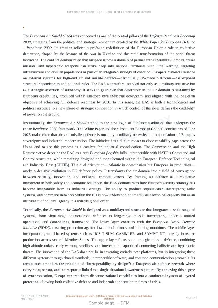 Sample page from “European Air Shield (EAS): Rebuilding Europe’s Multilayered Architecture of Deterrence” — 6-page report