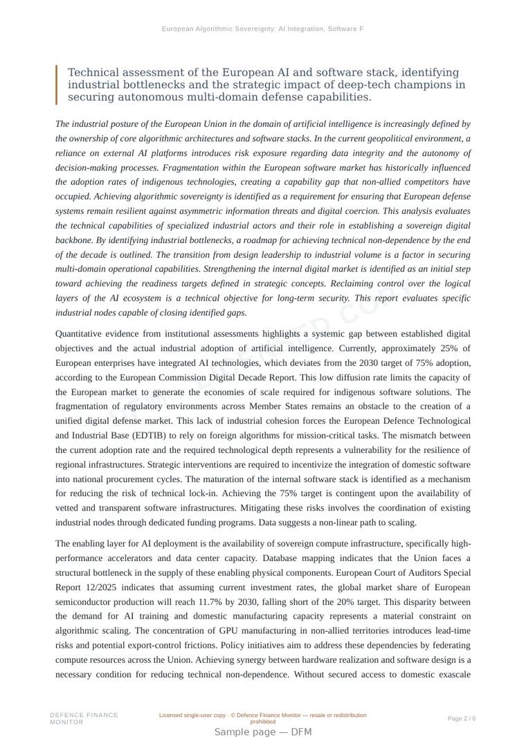 Sample page from “European Algorithmic Sovereignty: AI Integration, Software Fragmentation, and Europe’s Deep-Tech Firms” — 7-page report