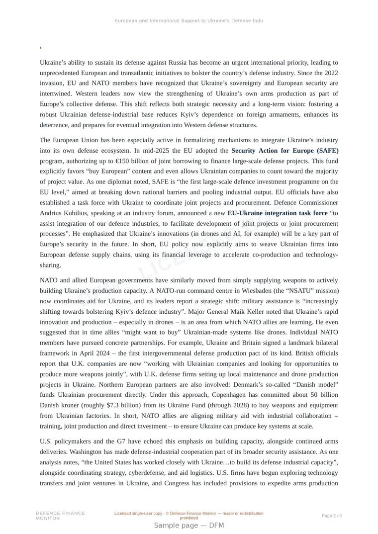 Sample page from “European and International Support to Ukraine’s Defense Industry and Capacity” — 7-page report