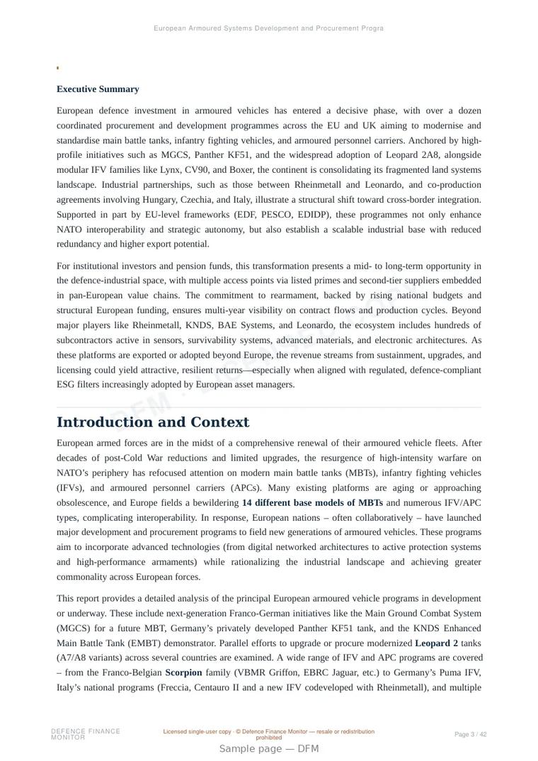 Sample page from “European Armoured Systems Development and Procurement Programmes” — 43-page report