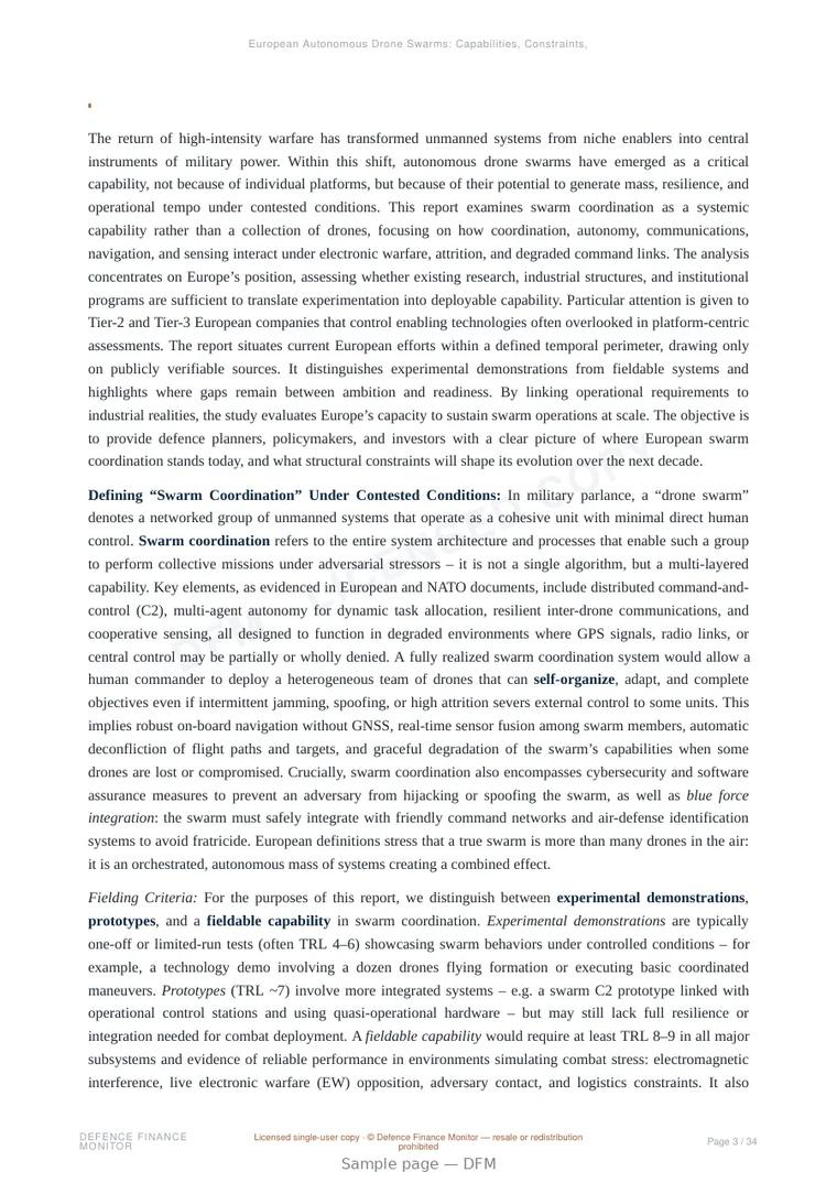 Sample page from “European Autonomous Drone Swarms: Capabilities, Constraints, and Readiness” — 35-page report