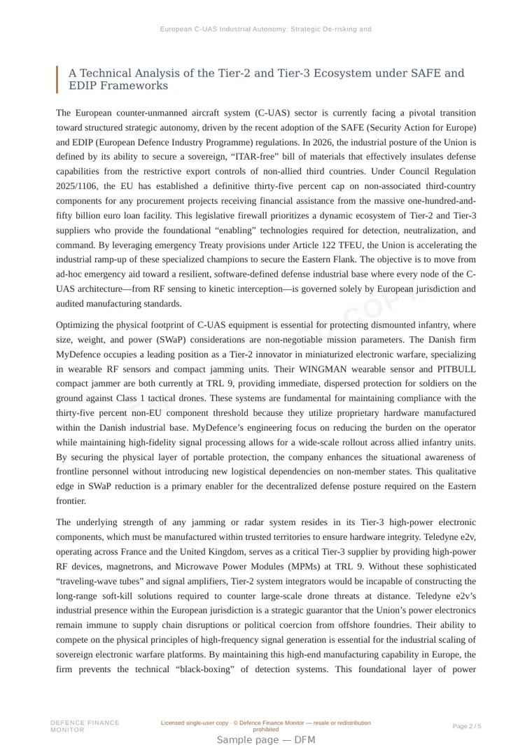 Sample page from “European C-UAS Industrial Autonomy: Strategic De-risking and Component Sovereignty” — 6-page report