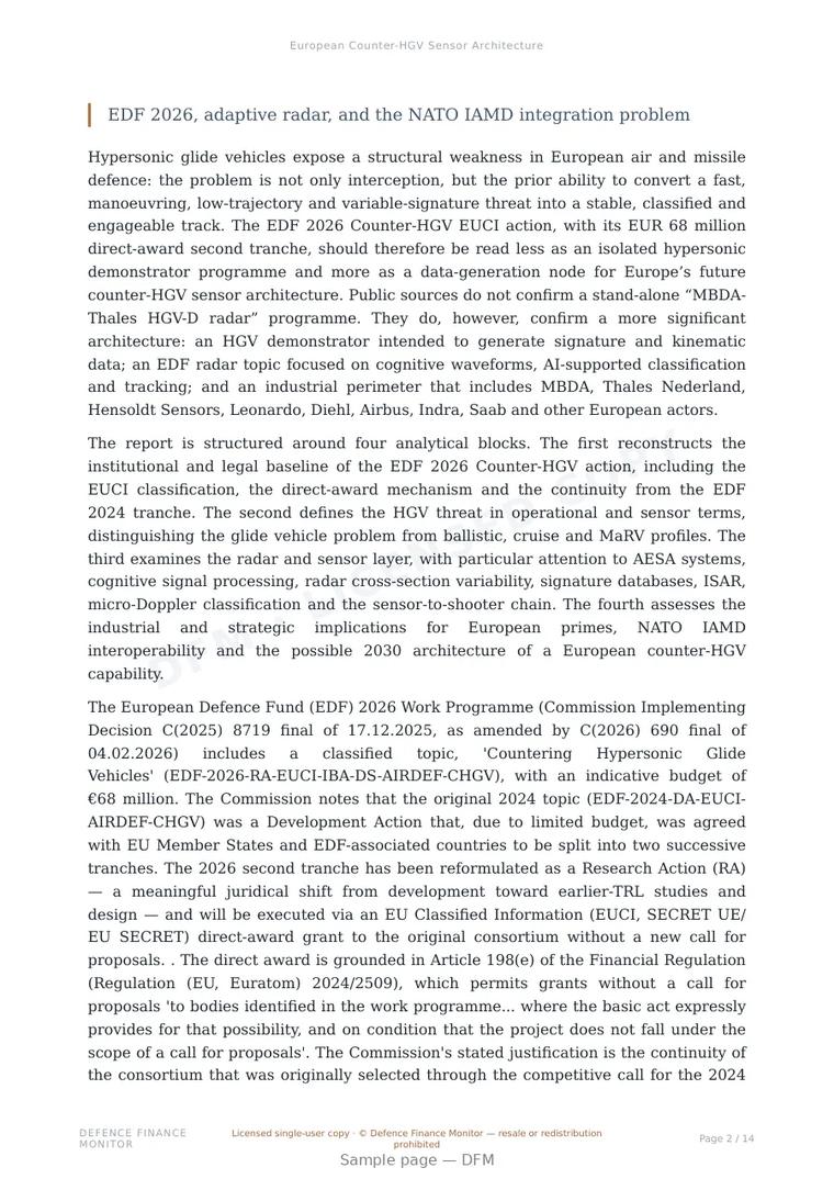 Sample page from “European Counter-HGV Sensor Architecture” — 15-page report