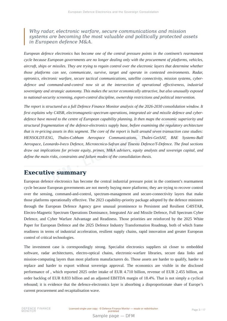 Sample page from “European Defence Electronics and the Sovereign Consolidation of Europe’s C4ISR Base” — 18-page report