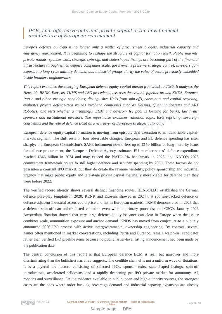 Sample page from “European Defence Equity Capital Formation 2025–2030” — 14-page report