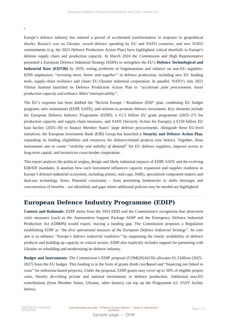 Sample page from “European Defence Financing Instruments and Their Impact on Industrial Capacity and Supplier Readiness” — 18-page report
