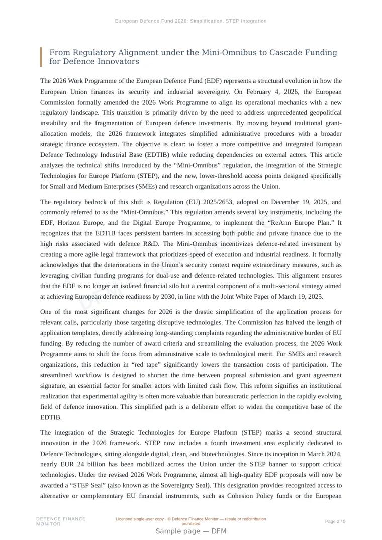 Sample page from “European Defence Fund 2026: Simplification, STEP Integration and the New Access Path for SMEs” — 6-page report