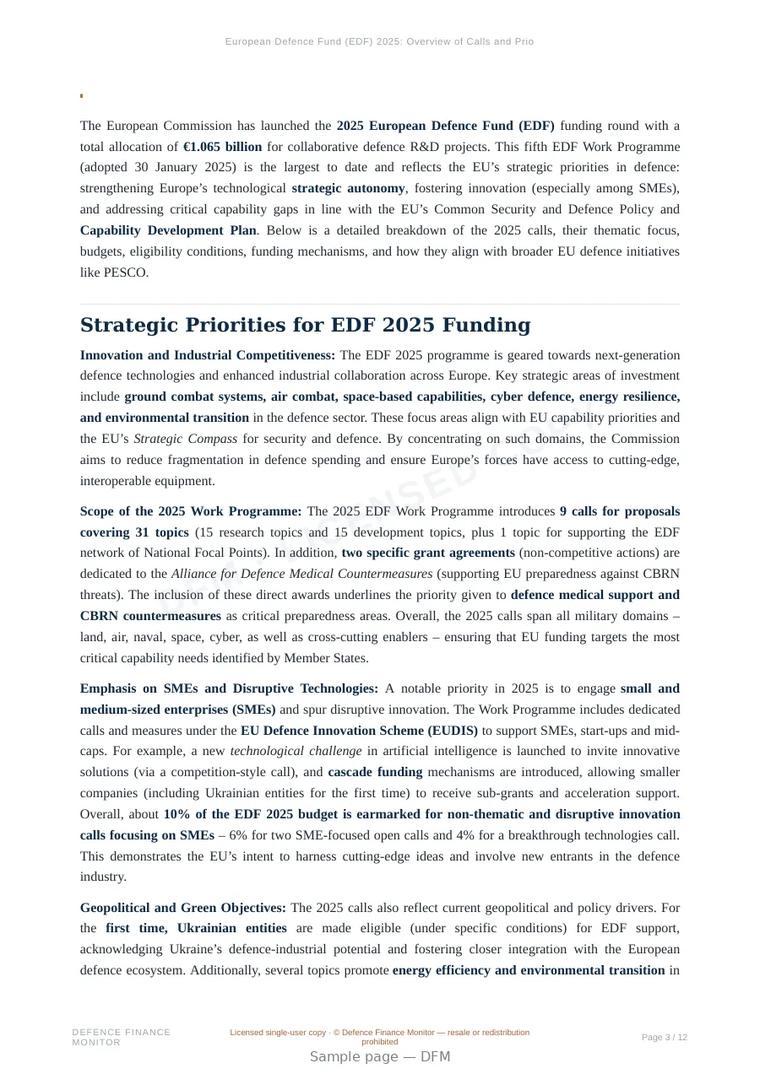 Sample page from “European Defence Fund (EDF) 2025: Overview of Calls and Priorities” — 13-page report