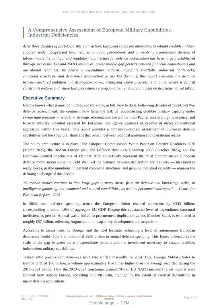 Sample page from “EUROPEAN DEFENCE GAP: Capabilities, Shortfalls and the Road to Strategic Autonomy” — 13-page report
