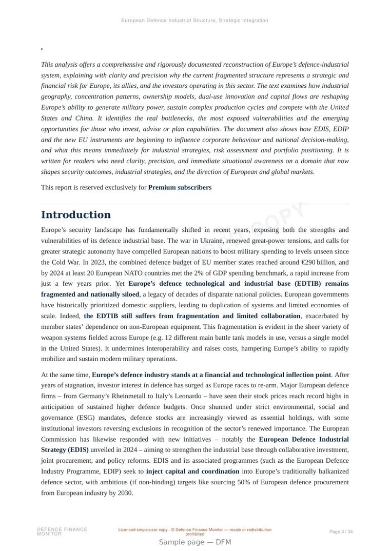 Sample page from “European Defence Industrial Structure, Strategic Integration, and Capital Allocation Dynamics” — 35-page report