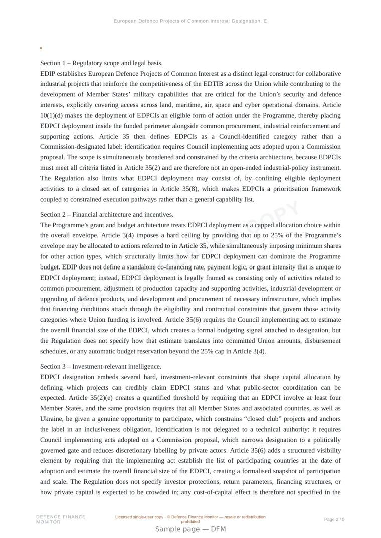 Sample page from “European Defence Projects of Common Interest: Designation, Eligibility and Capital Signalling Effects” — 6-page report
