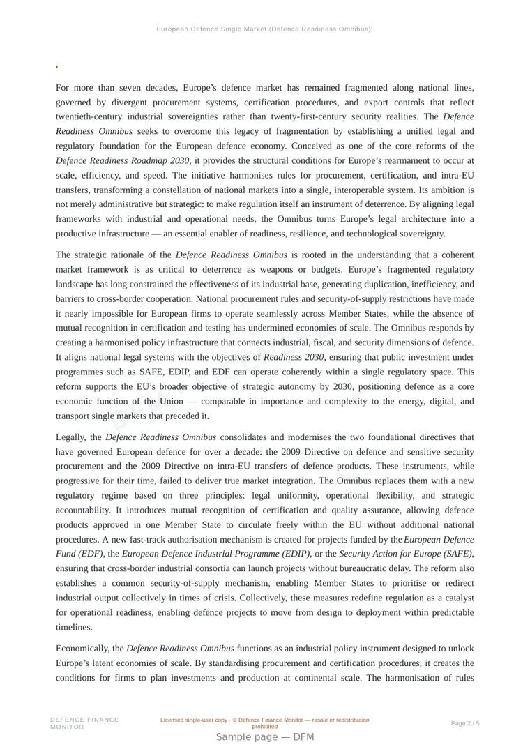 Sample page from “European Defence Single Market (Defence Readiness Omnibus): The Legal Architecture of Europe’s Strategic Autonomy” — 6-page report