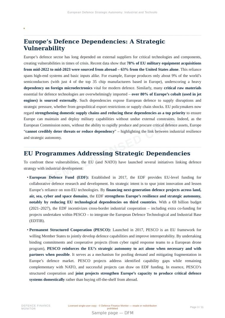 Sample page from “European Defence Strategic Autonomy: Industrial and Technological Implications” — 12-page report