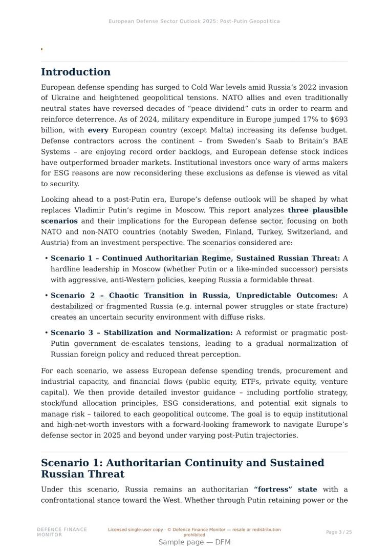 Sample page from “European Defense Sector Outlook 2025: Post-Putin Geopolitical Scenarios” — 26-page report