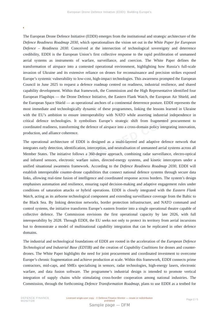 Sample page from “European Drone Defence Initiative (EDDI): Building Europe’s Counter-UAS Architecture” — 6-page report