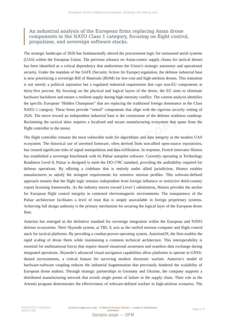 Sample page from “European Drone Industrial Autonomy: Strategic De-risking and Component Sovereignty” — 7-page report