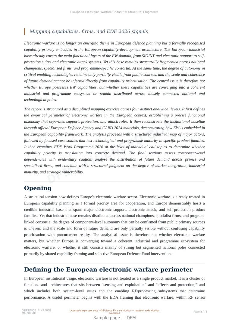 Sample page from “European Electronic Warfare: Industrial Structure, Fragmentation, and Emerging Programme Demand” — 19-page report