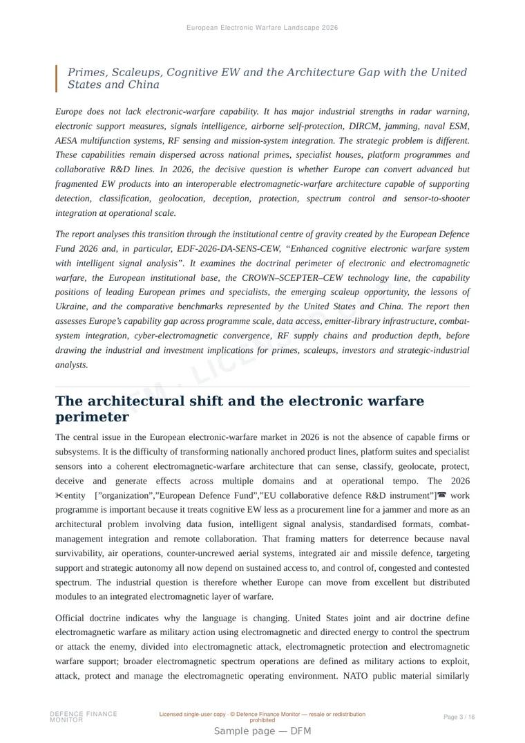 Sample page from “European Electronic Warfare Landscape 2026” — 17-page report