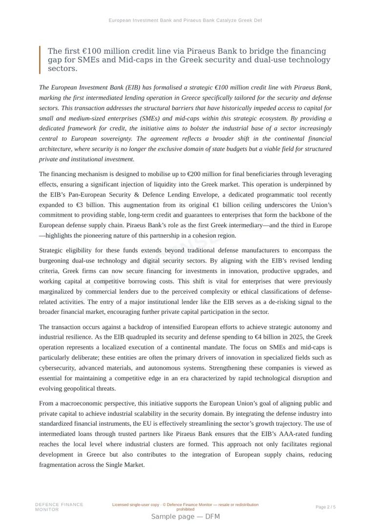 Sample page from “European Investment Bank and Piraeus Bank Catalyze Greek Defense Sector with €100 Million Financing” — 6-page report