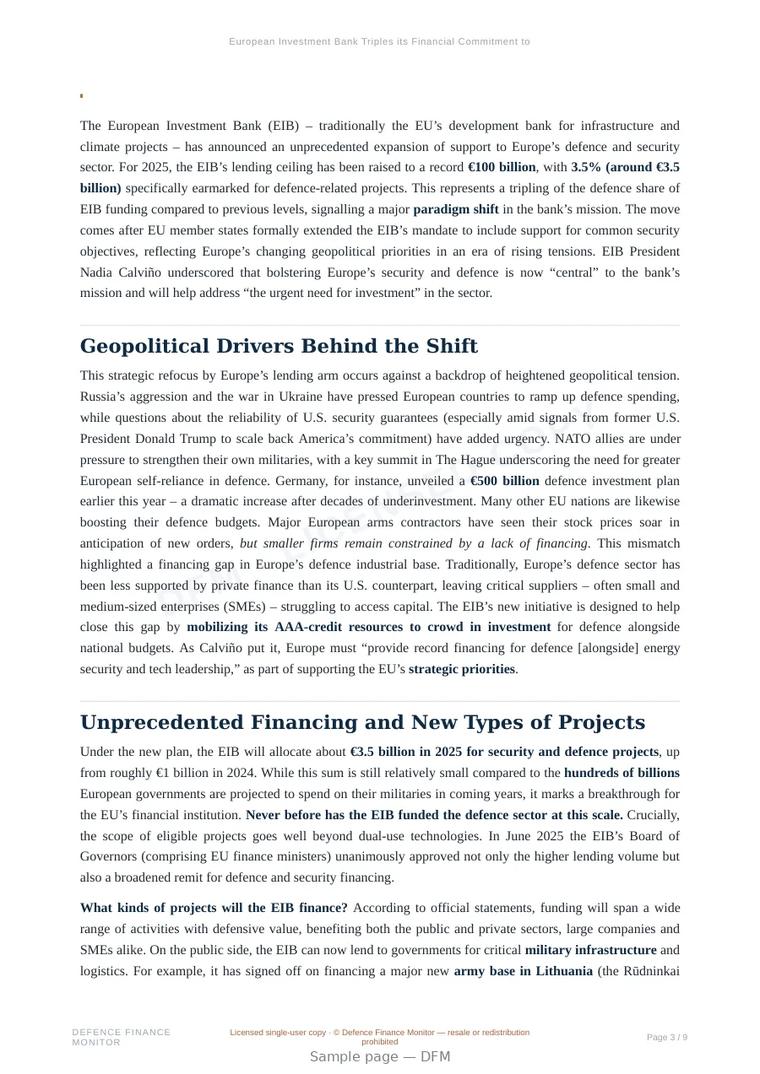 Sample page from “European Investment Bank Triples its Financial Commitment to Defence” — 10-page report