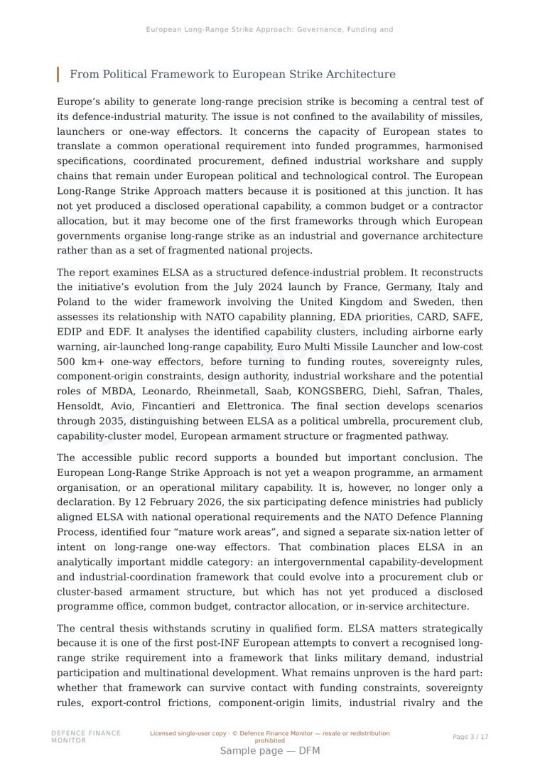 Sample page from “European Long-Range Strike Approach: Governance, Funding and Industrial Workshare” — 18-page report