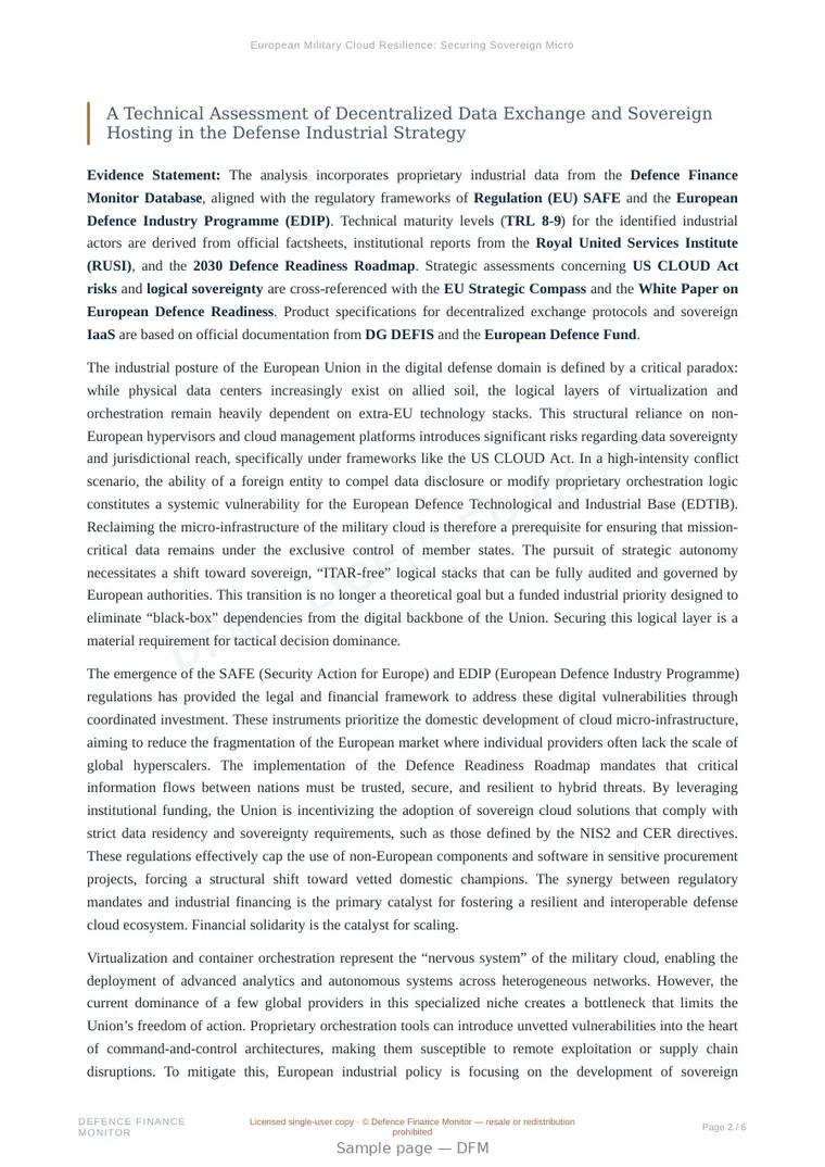 Sample page from “European Military Cloud Resilience: Securing Sovereign Micro-Infrastructure (Hidden Champions)” — 7-page report